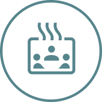 Village Clubs Camelback sauna icon with three people inside, steam rising above, all within a circle, highlighting relaxation amenities.