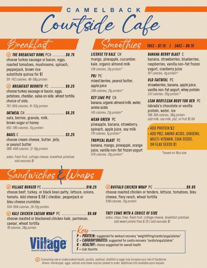 Village Clubs’ Camelback Courtside Cafe menu shows color-coded breakfast, wraps, and smoothies with nutrition info and contact details.