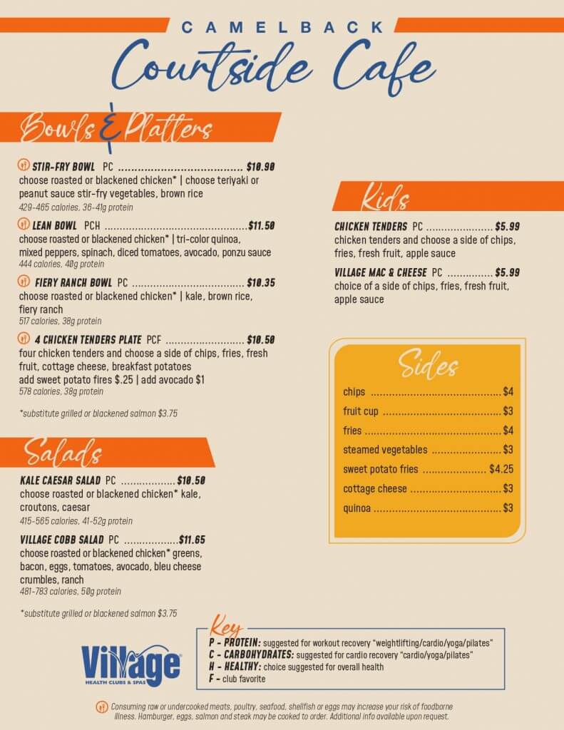 Explore the Village Clubs Camelback Cafe menu in Arizona, featuring healthy bowls, salads, kids' meals, sides, and pricing.