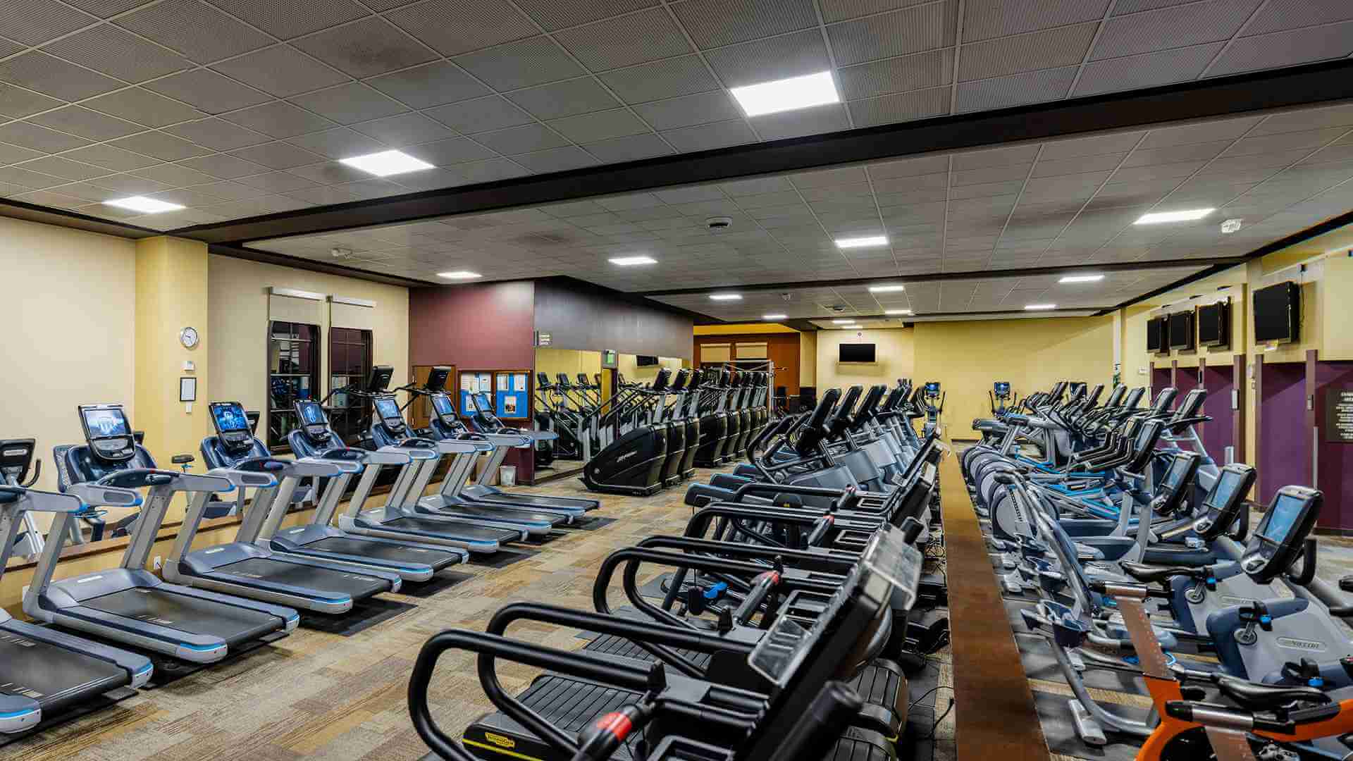 Village Clubs DC Ranch gym with treadmills, ellipticals, and bikes facing TVs, featuring bright lighting and modern design.