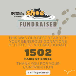 Village Clubs at Camelback hosts St. Vincent de Paul Shoe Drive, collecting 1502 pairs with sneaker graphic and thank you message.