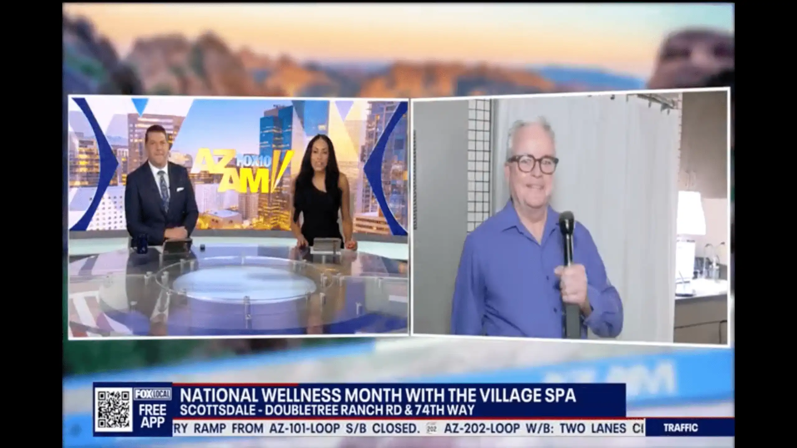 Village Clubs Camelback news feature: Two anchors discuss National Wellness Month with The Village Spa expert on split screen.