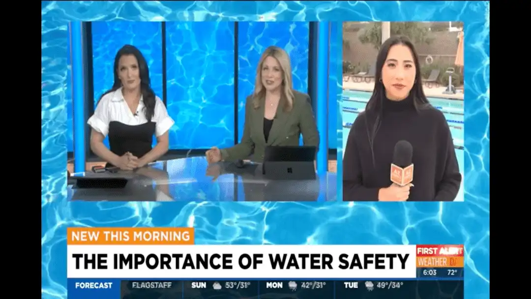 Village Clubs at Camelback: News anchors and a poolside reporter discuss summer water safety; weather forecast along bottom.