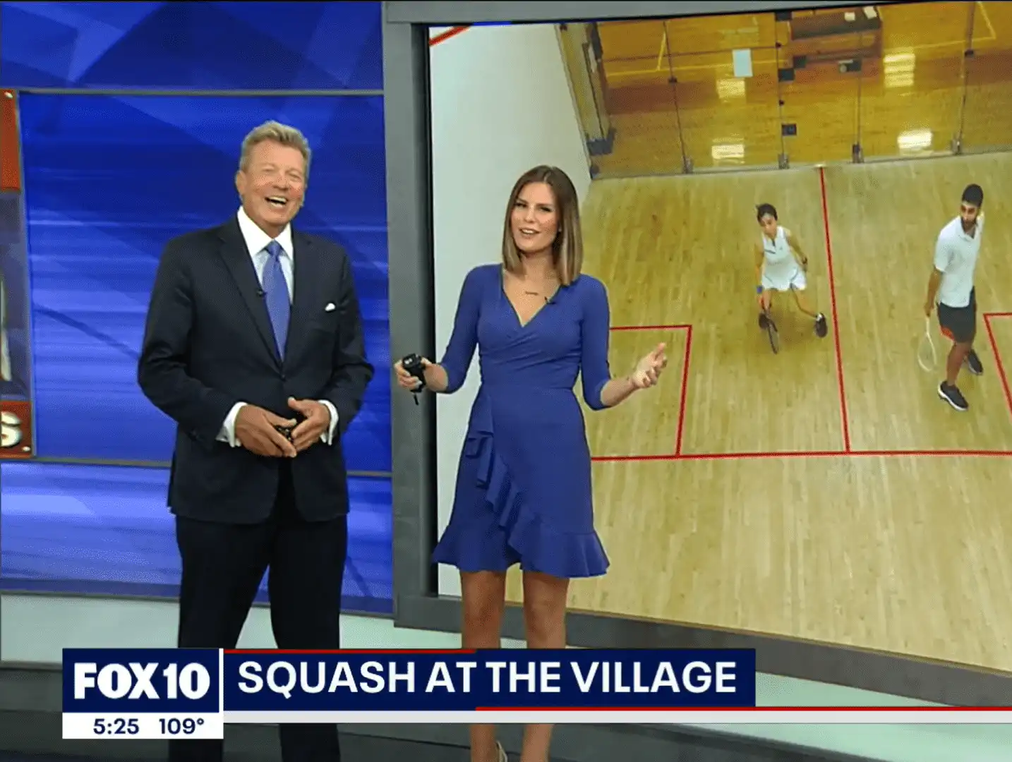 Two news anchors highlight a squash match at Village Clubs Camelback on FOX10, studio display shows 109°F temperature and 5:25 time.